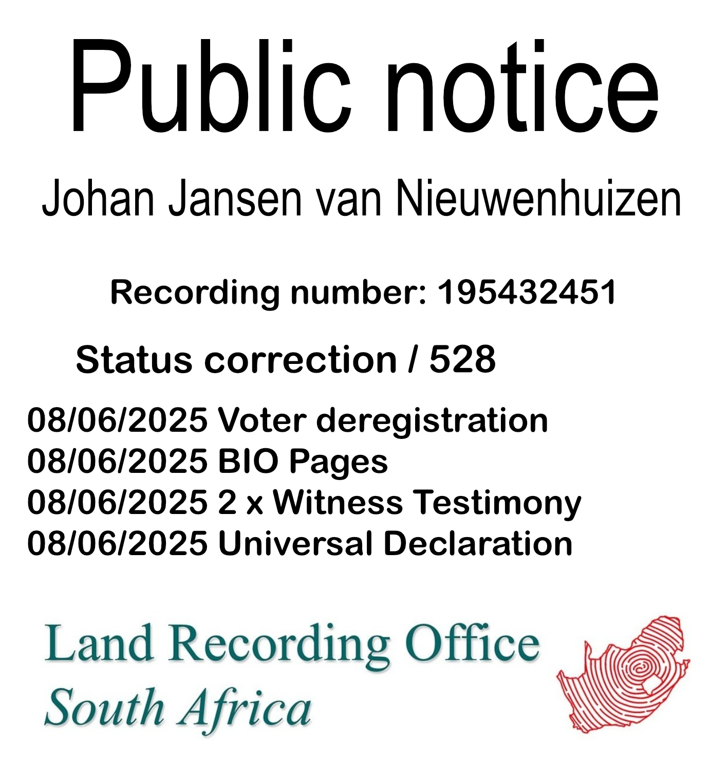 Public Notice Johan Jansen van Nieuwenhuizen (c) Recording number 195432451